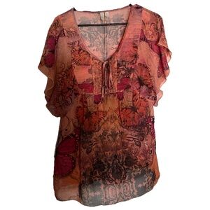 vintage orange and pink butterfly sheer top